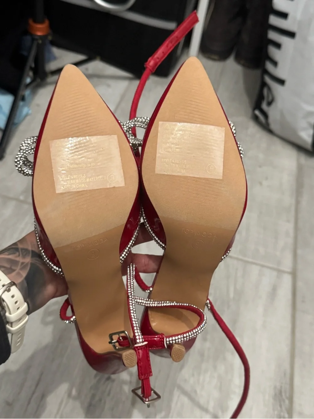 TOP Moda Red Patent Pointed Toe Slingback Heels with Crystal Bow